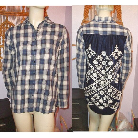 Paparazzi Embroidered Top Size S Plaid Flannel Velvet Button Boho Grunge Artsy - Picture 1 of 8